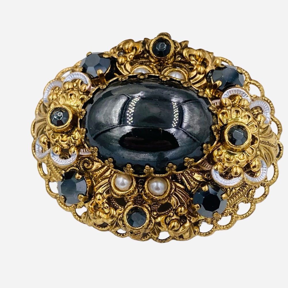 Vintage West German Black Glass Faux Pearl Enamel Brooch Earring Set - Picture 2 of 7